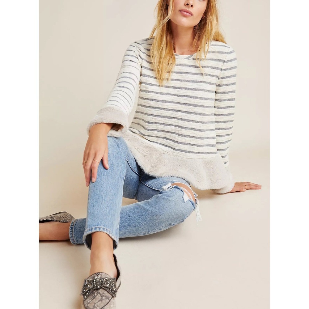 Anthropologie Maeve‎ Astor Fur-Trimmed Striped Pullover Sweater M White/Gray NWT - Picture 3 of 12